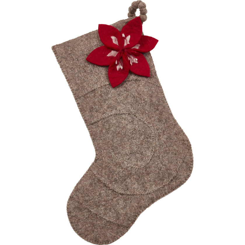 Red Amaryllis Gray Christmas Stocking Hand Felted Wool