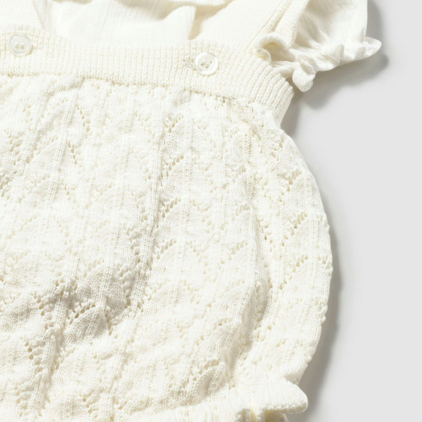 White Knitted Baby Romper with Puff Sleeves