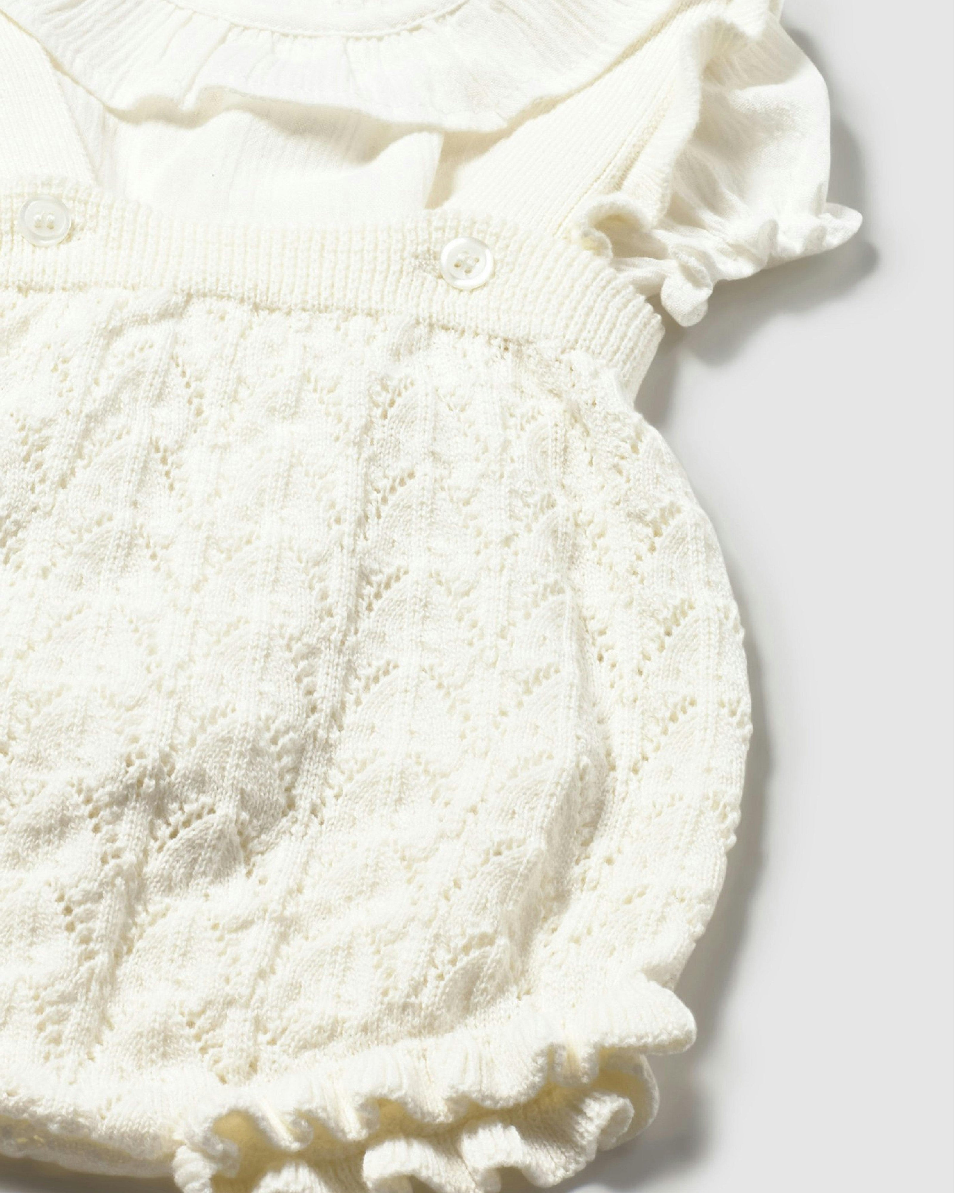 White Knitted Baby Romper with Puff Sleeves