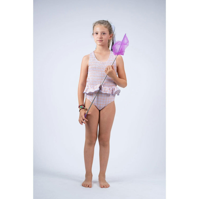 Lilac Squares Smocked Swimsuit, Purple