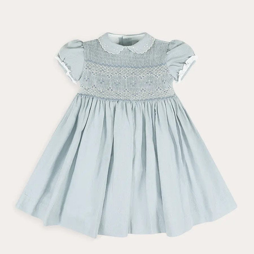 Hand Smocked Peter Pan Collar Short Sleeve Dress in Sky Blue (12mths-10yrs)