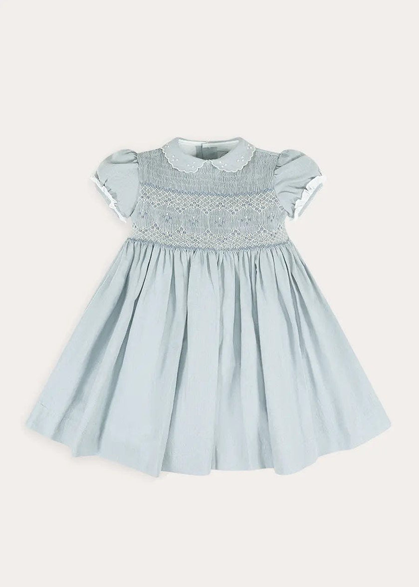 Hand Smocked Peter Pan Collar Short Sleeve Dress in Sky Blue (12mths-10yrs)