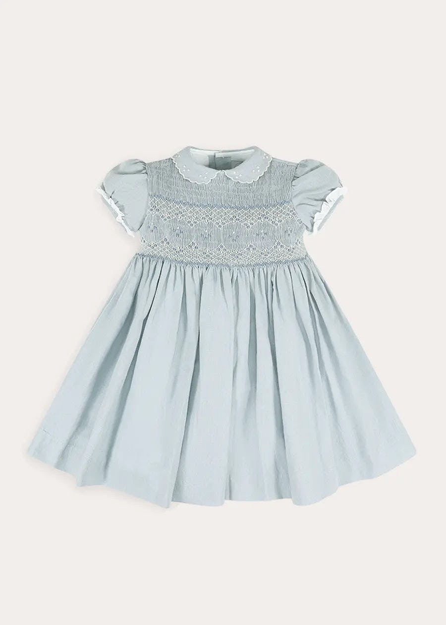 Hand Smocked Peter Pan Collar Short Sleeve Dress in Sky Blue (12mths-10yrs)
