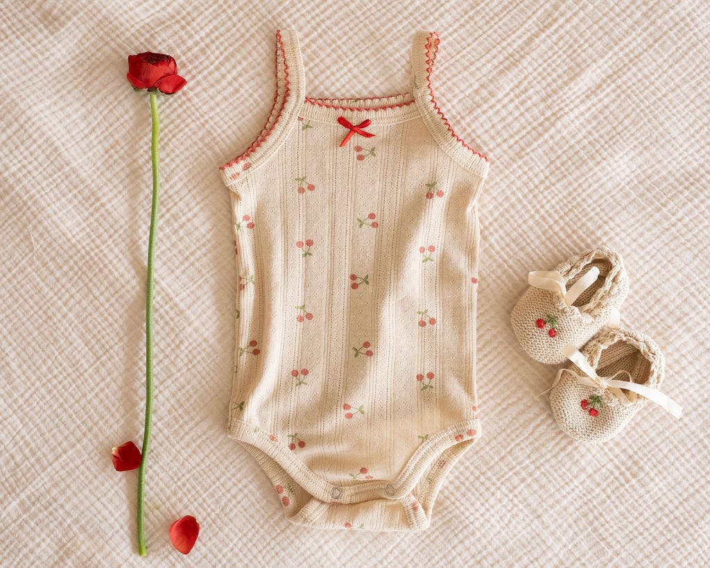 Pointelle Strap Onesie in Cherries