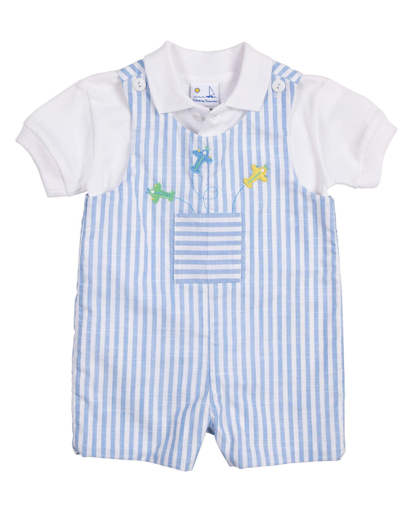 Stripe Linen-Look Shortall With Airplanes