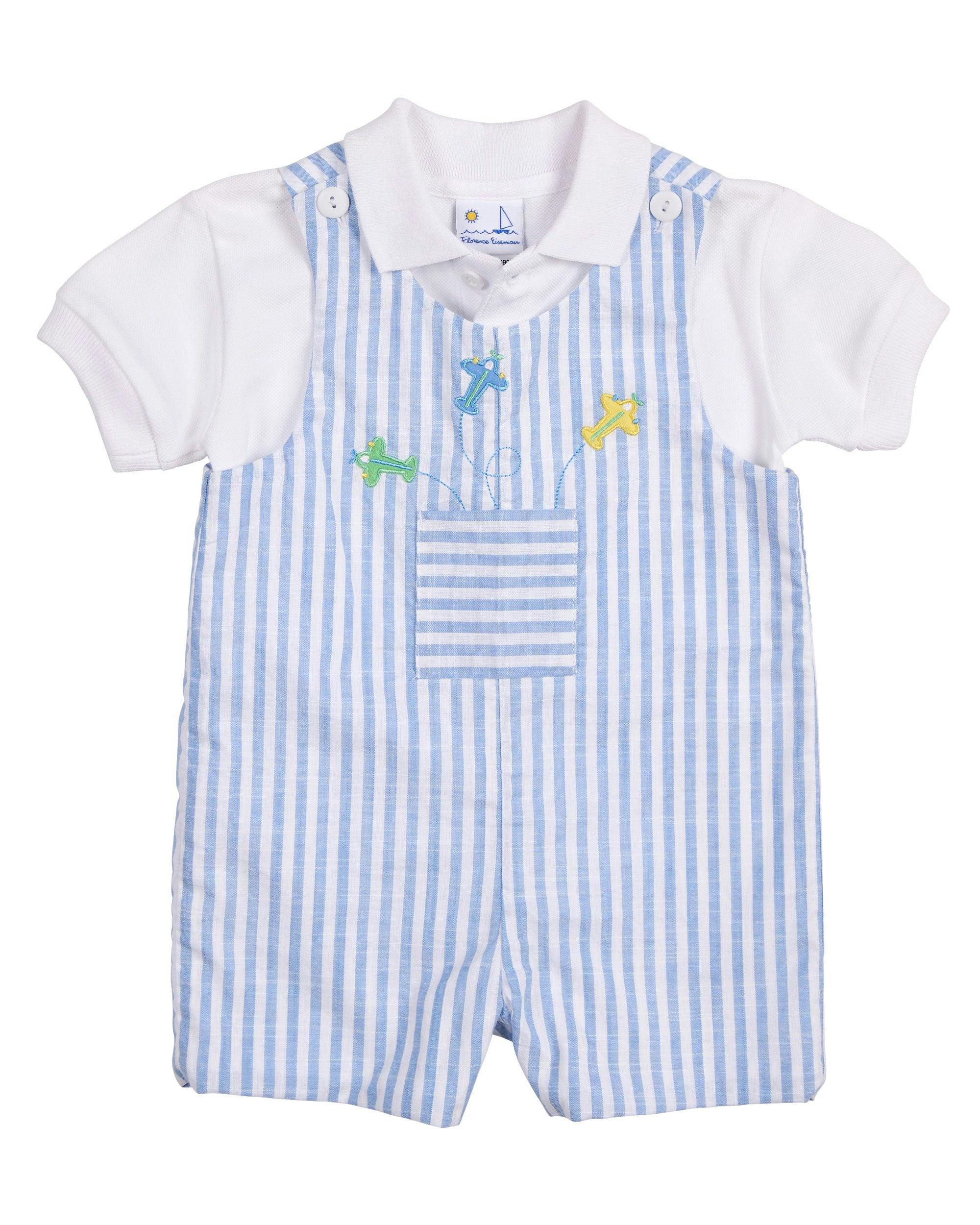Stripe Linen-Look Shortall With Airplanes
