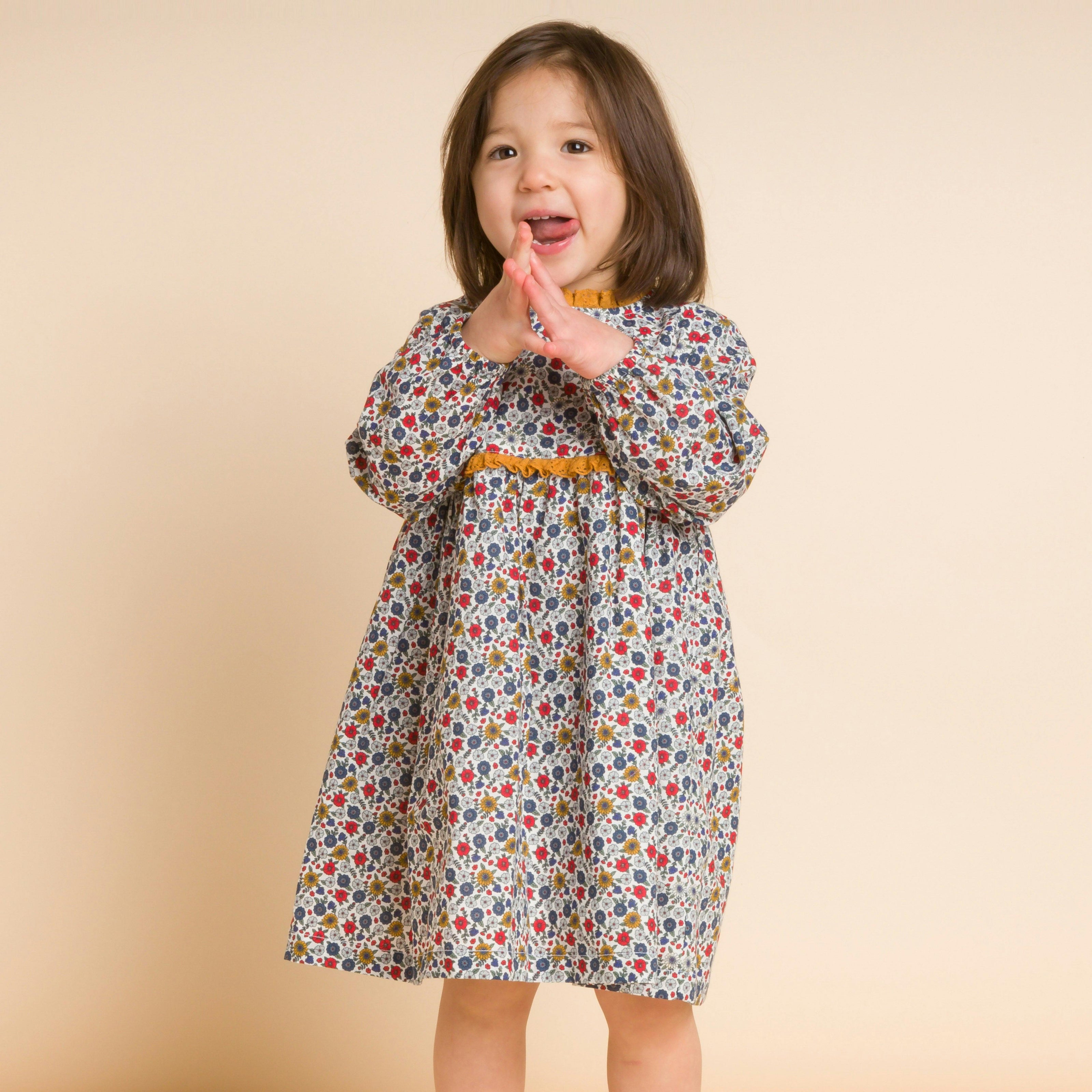 Toddler Long Sleeves Dress with Lace Trim
