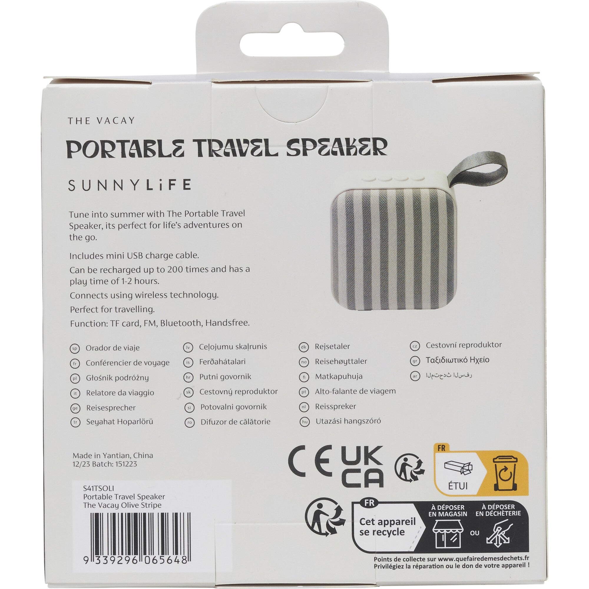 Sunnylife: Portable Travel Speaker - The Vacay Olive Stripe