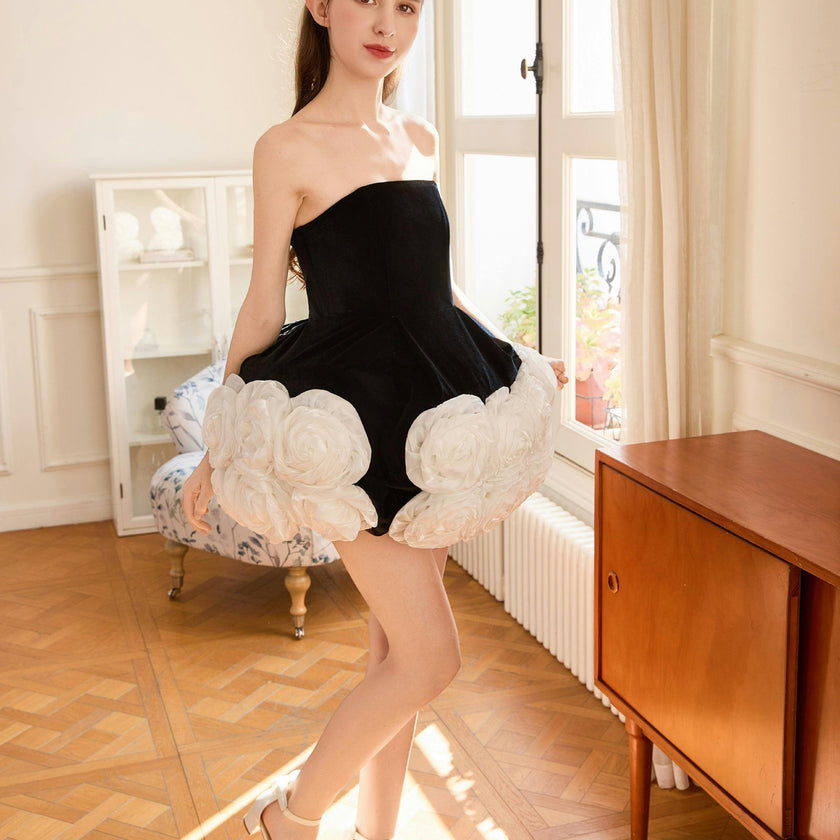 Black Almendra Floral Strapless Dress