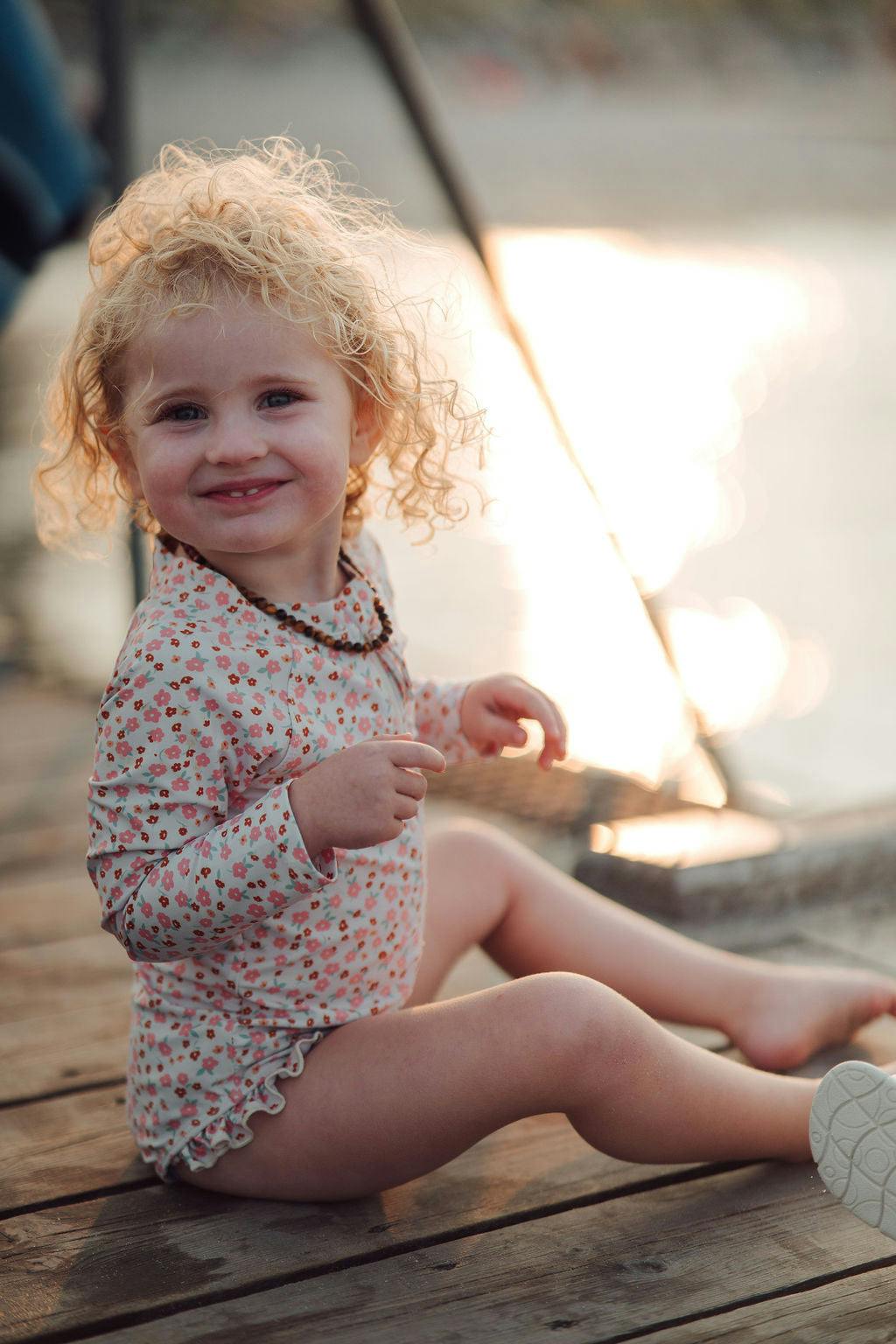 Long Sleeve Rashguard Ruffle Swimsuit | UPF + Recycled - Sunset Meadow