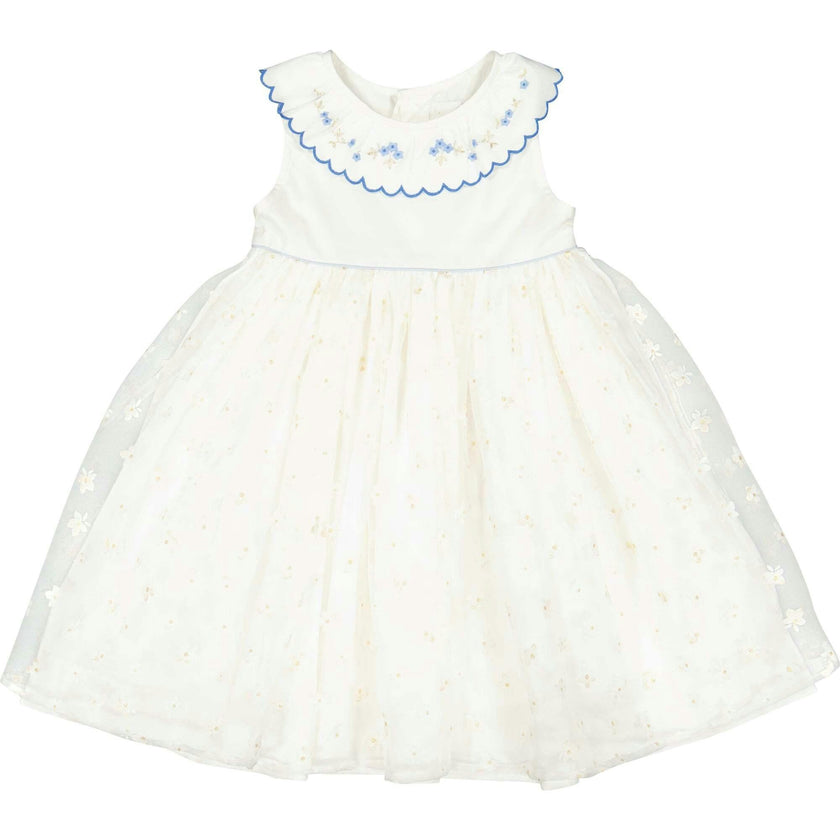 Cordelia White Linen Dress with Blue Tulle Embroidery