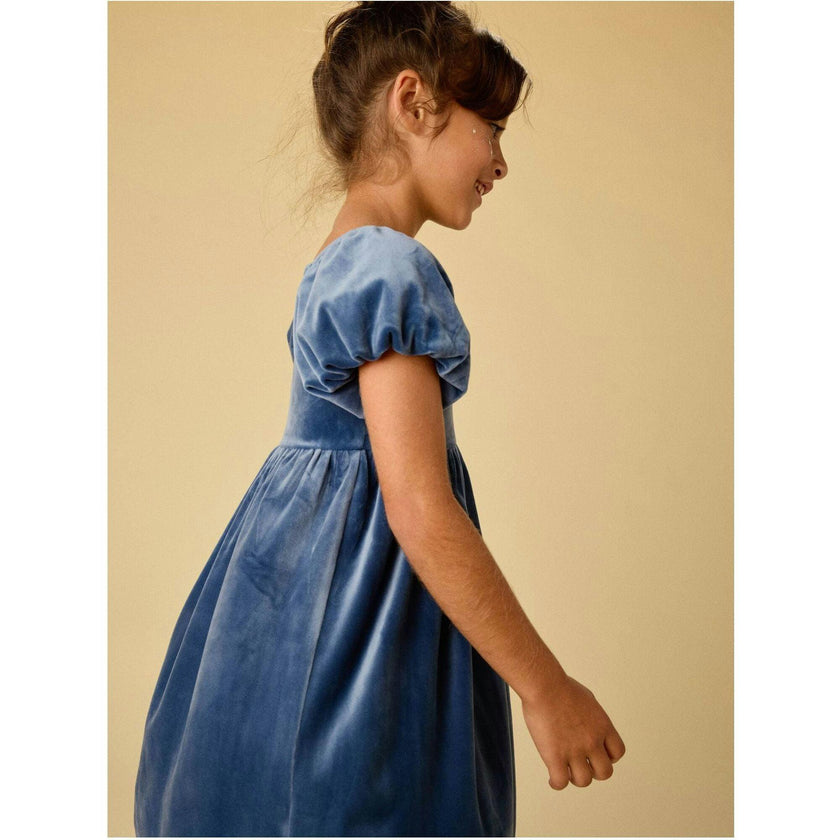 Puff Shoulder Velour Dress, Blue