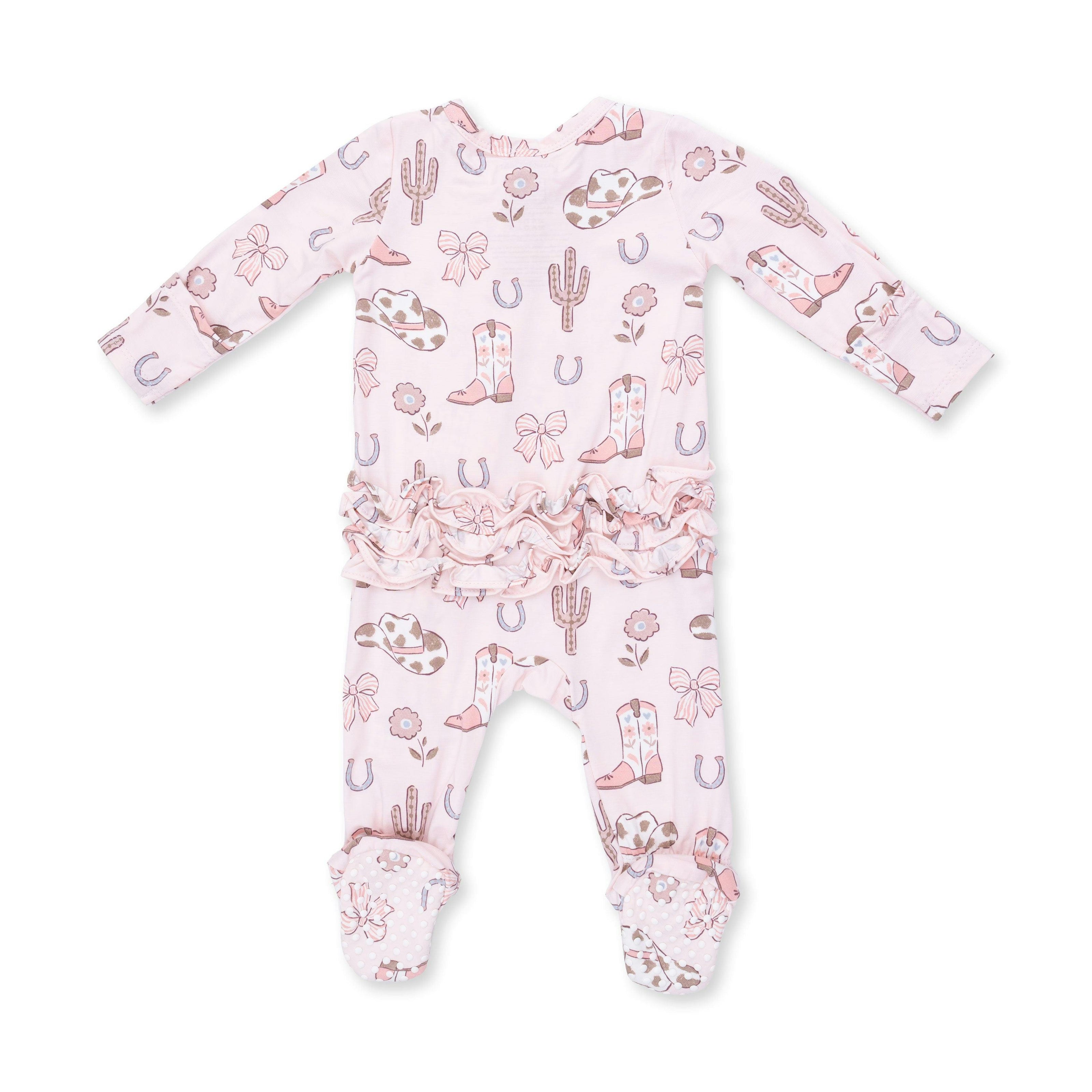 Cowgirl Boots and Bows - 2 Way Ruffle Back Zipper Footie