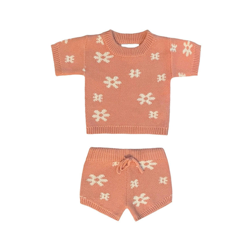 Girls Spring Summer Flower Floral Blossom Knit Short Set