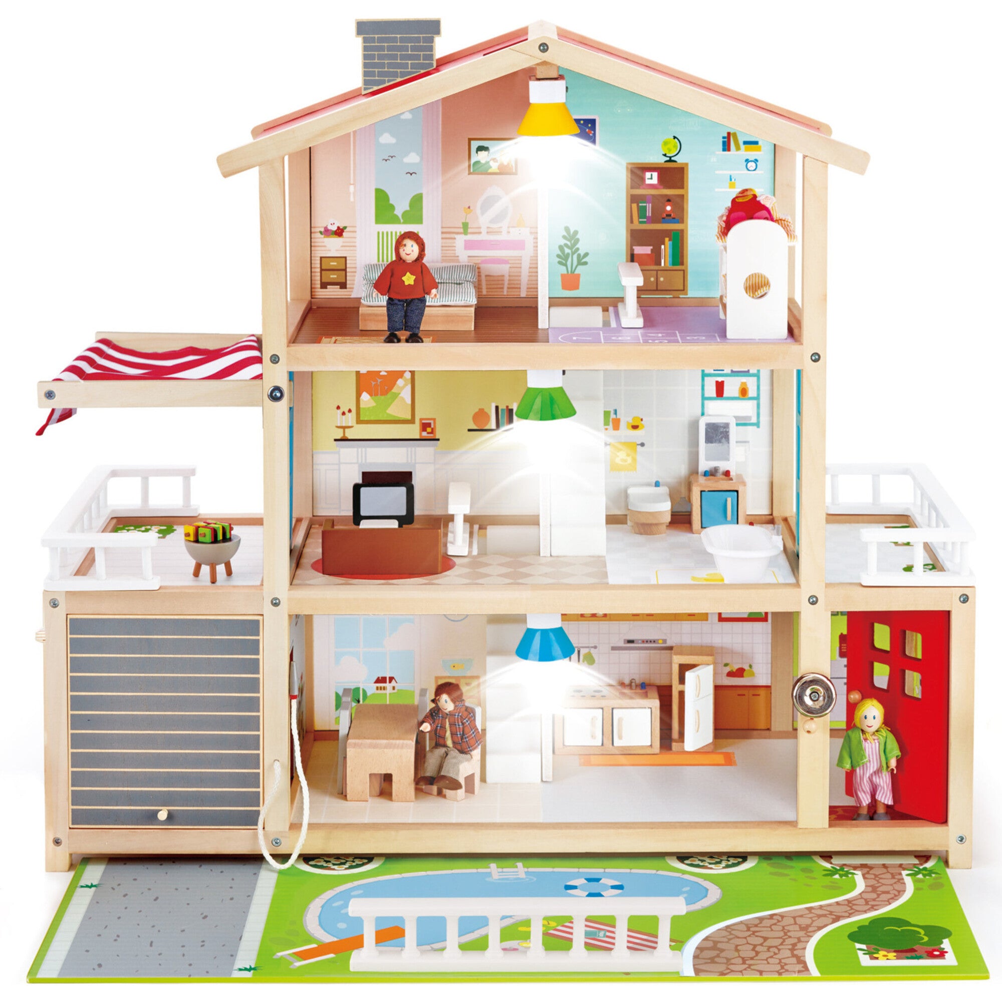 Doll Family Mansion Wooden Dollhouse W/ LED Lights