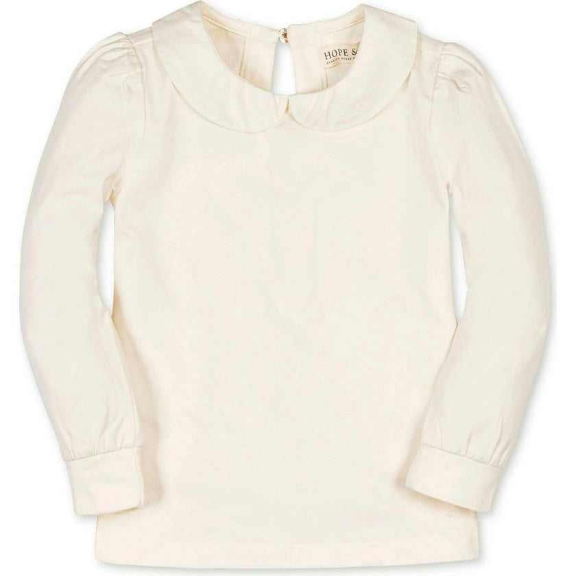 Organic Long Sleeve Knit Top with Woven Collar, White
