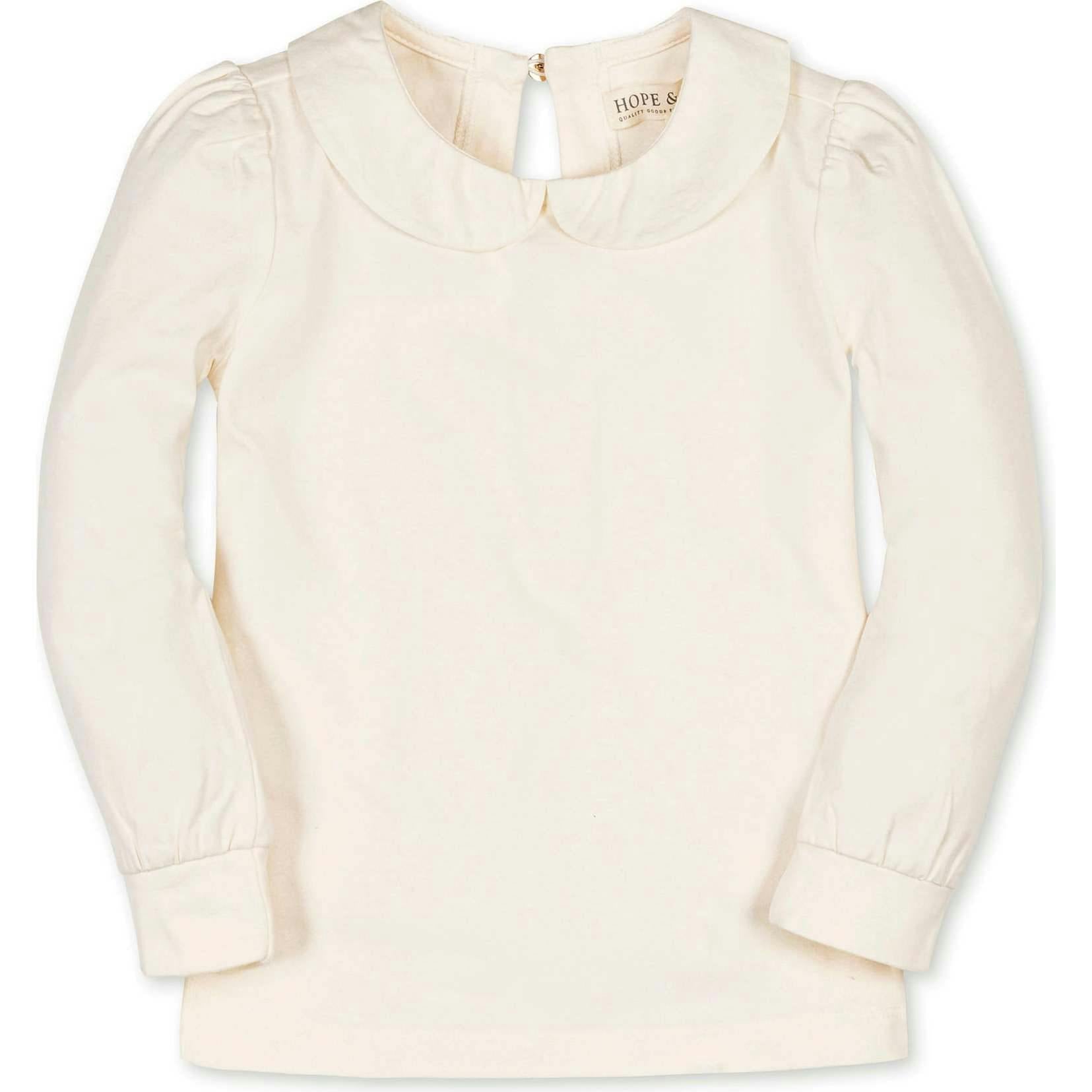 Organic Long Sleeve Knit Top with Woven Collar, White