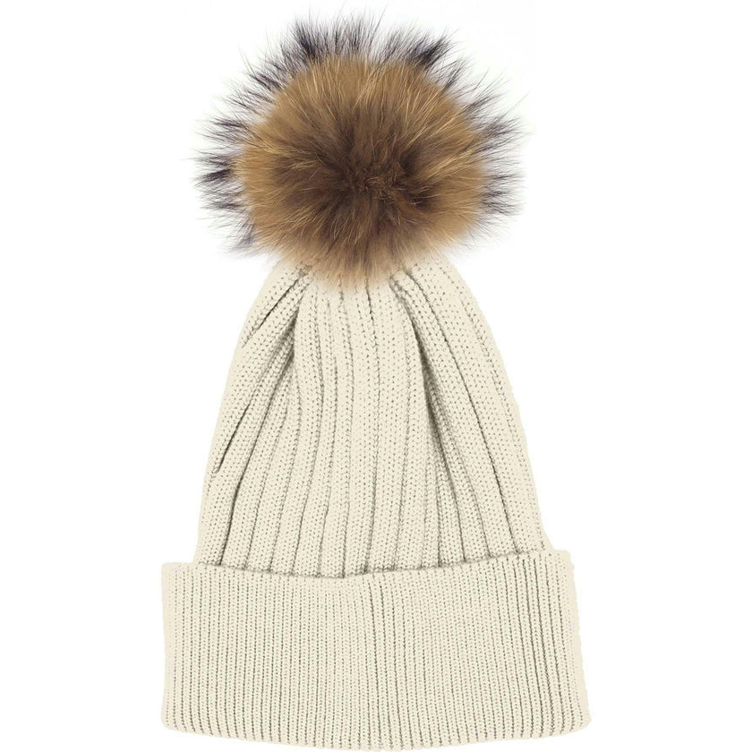 Ribbed Flat Wool Blend Hat With A Genuine Fur Pom (TikTok)