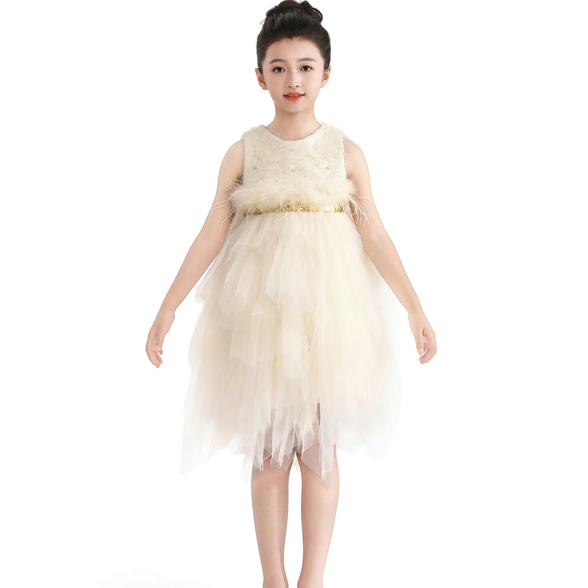 Ivory Feathered Tulle Party Dress