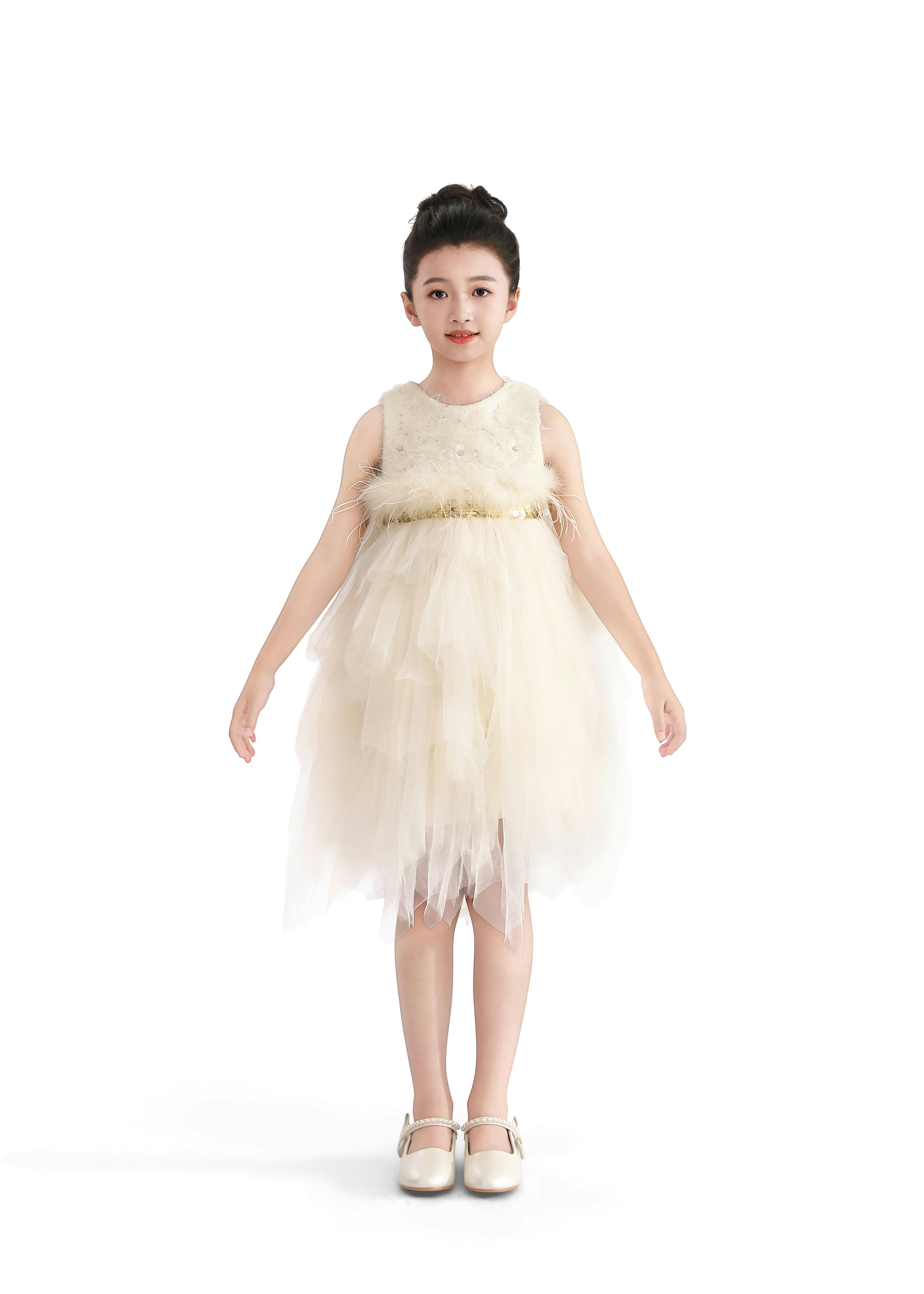 Ivory Feathered Tulle Party Dress