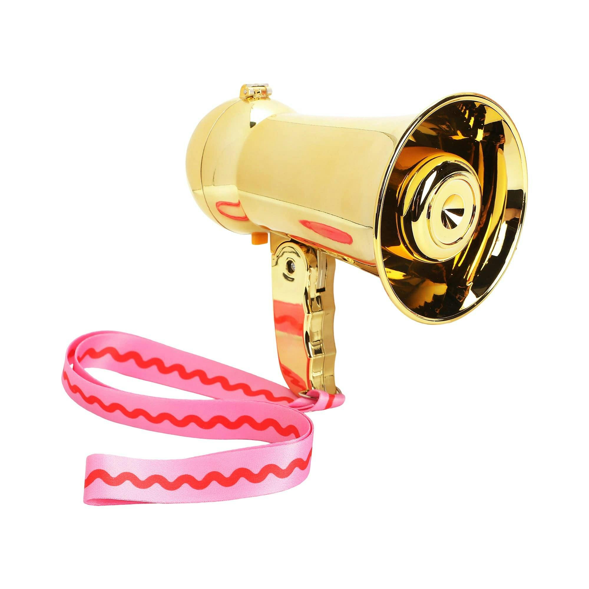 Packed Party Party Starter Gold Mini Megaphone - Shiny Gold with Pink Red Rickrack Strap, Battery Operated Party Megaphone for Bachelorettes and Birthdays
