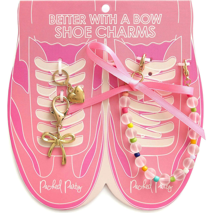 Packed Party Gold Bows and Pearls Shoe Charm Set 5pc - Gold Organza Bow, Heart, Balloon Dog, and Pearl Bead Charms with Lobster Clips for Sneakers