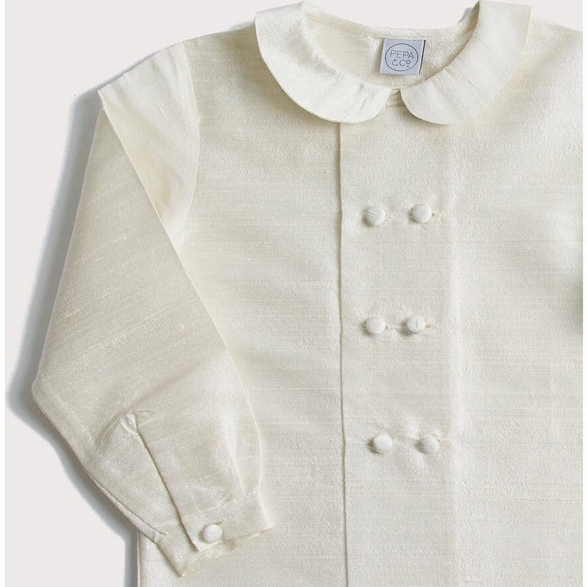 Boy's white double-breasted Peter Pan collar silk shirt (12mths-10yrs)