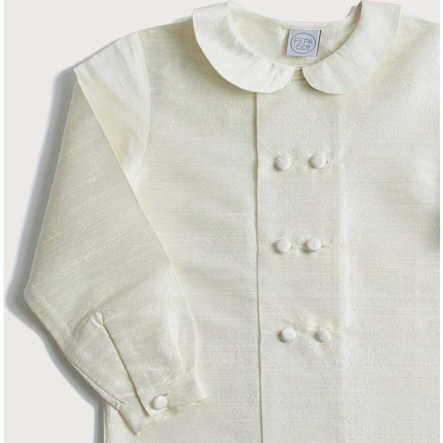 Boy's white double-breasted Peter Pan collar silk shirt (12mths-10yrs)