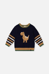 Knit Sweater With Intarsia Dark Blue, Brown And Beige