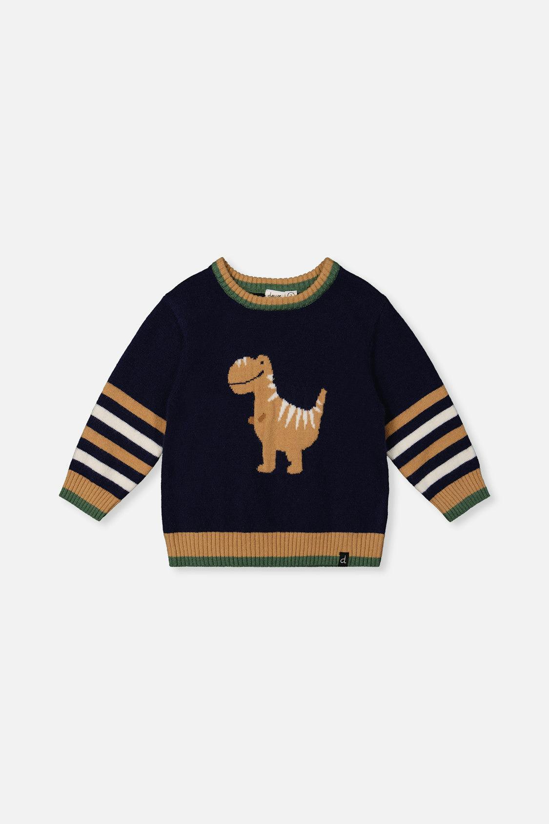 Knit Sweater With Intarsia Dark Blue, Brown And Beige