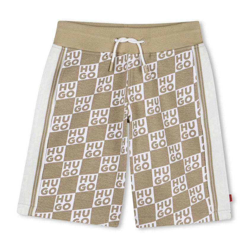 Hugo Kids Beige Shorts for Boys with All-Over Logo Print