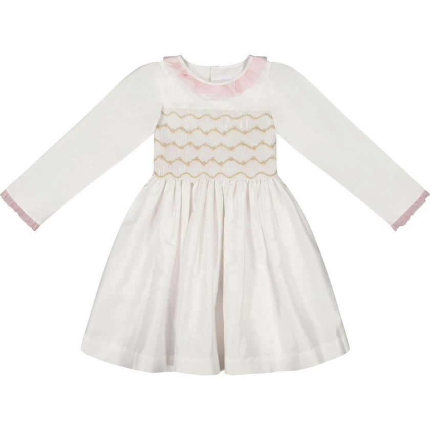 Sofia White Taffeta Long Sleeve Smocked Dress