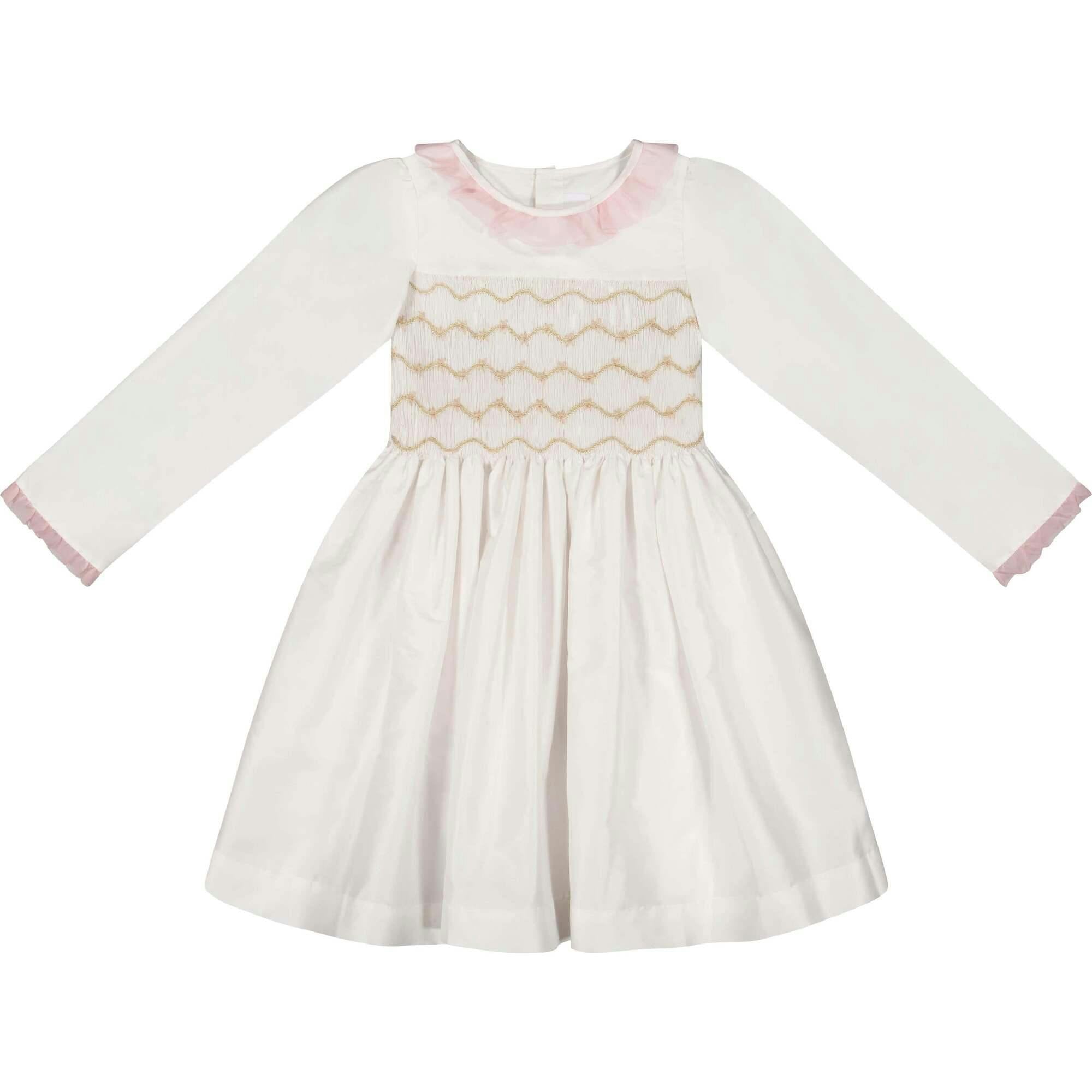Sofia White Taffeta Long Sleeve Smocked Dress