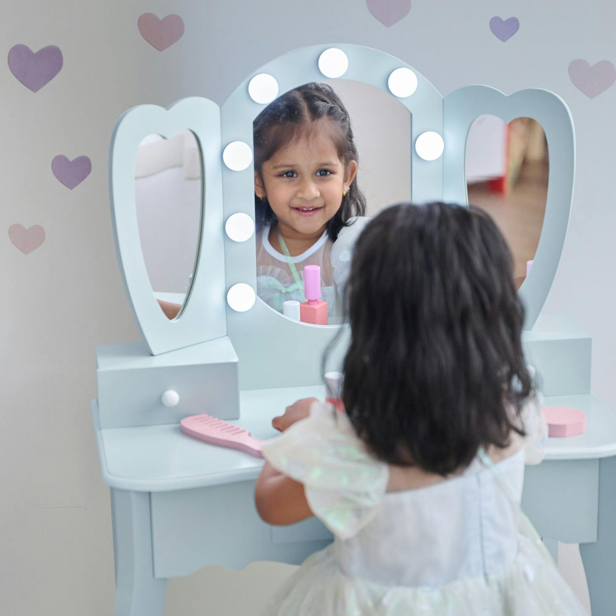 Teamson Kids Heart Glow Wooden Vanity Set with LED Lights Mirror & Stool