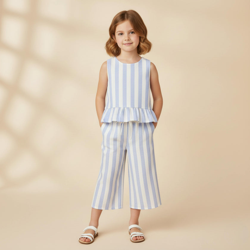 Organic Ruffle Top & Pants Set - Blue Stripes