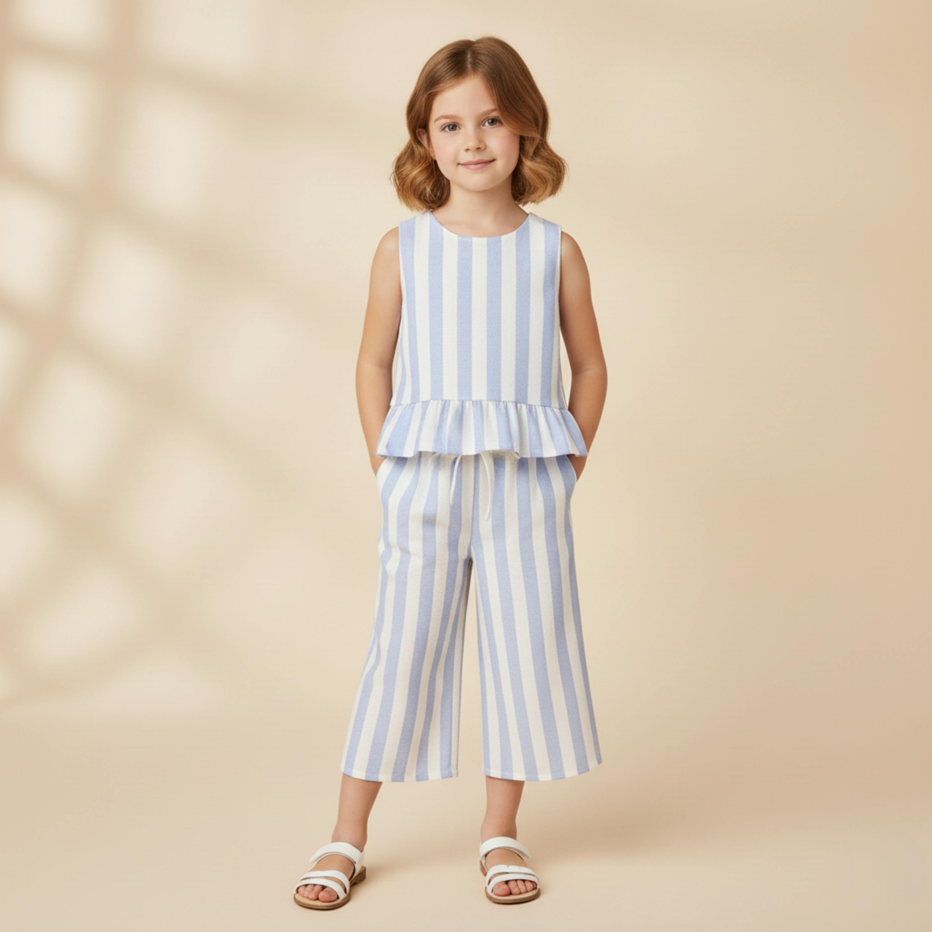 Organic Ruffle Top & Pants Set - Blue Stripes