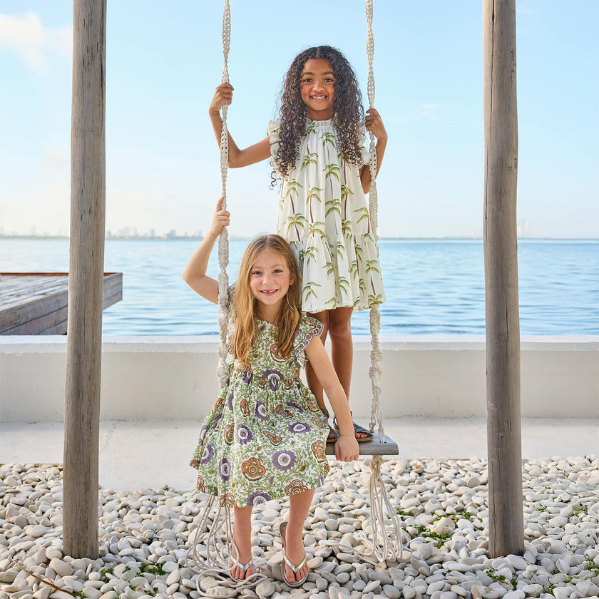 Girls Harper Dress - Cream Palm Trees