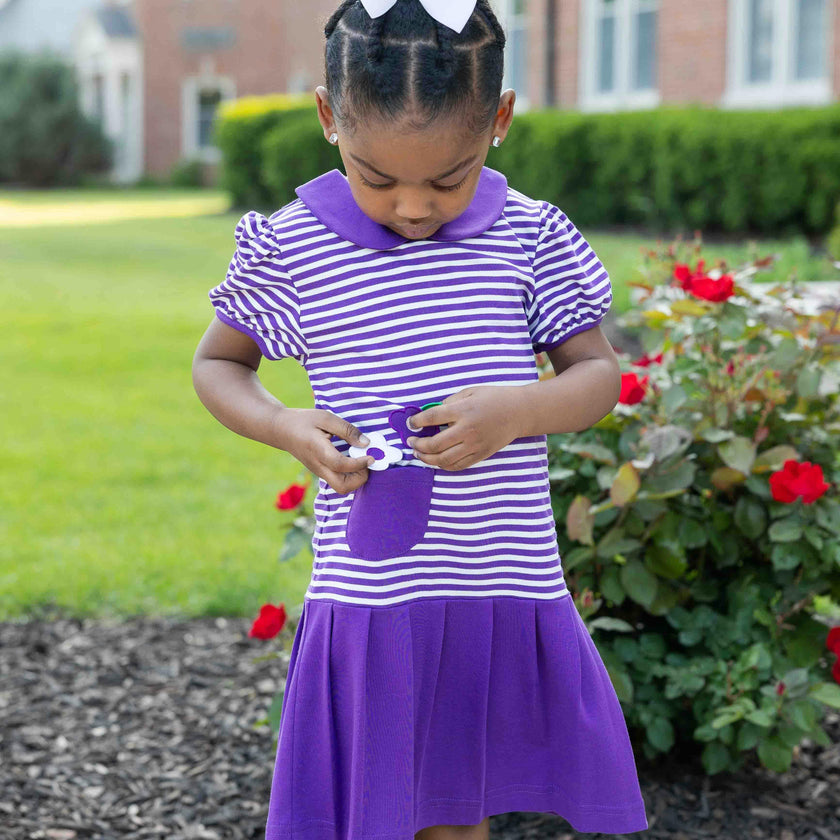 Stripe Knit Pleated Dress With Flowers