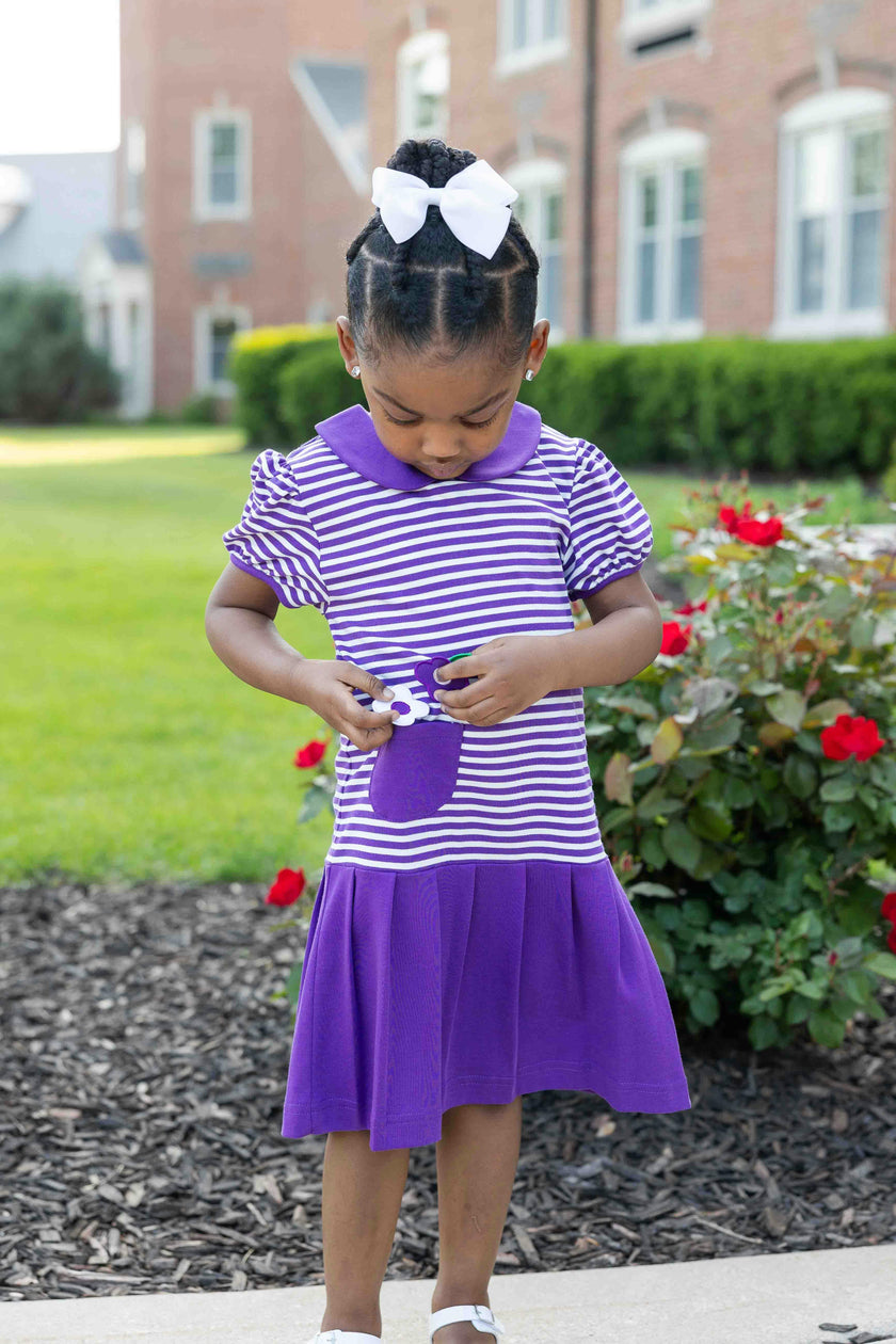 Stripe Knit Pleated Dress With Flowers