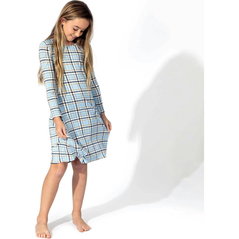Holiday Plaid Blue Bamboo Girls' Long Sleeve Dress