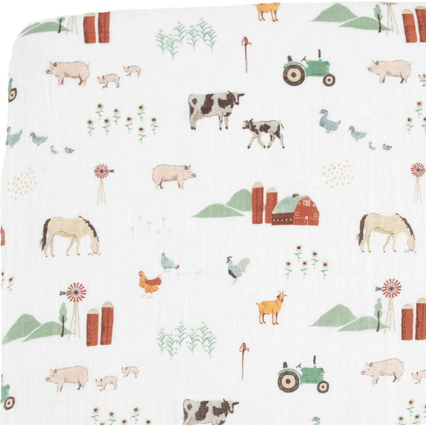 Cotton Muslin Crib Sheet - Farmyard