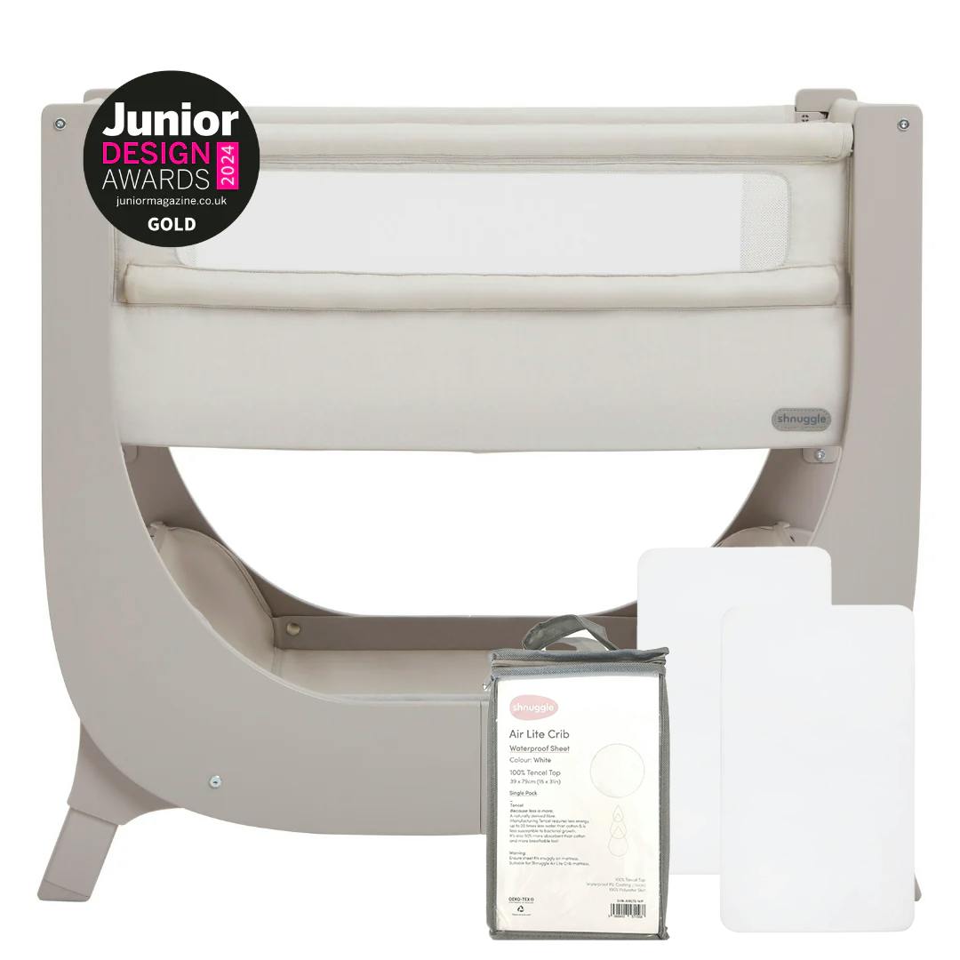 Shnuggle Air Lite Bedside Bassinet | Infant Crib | Height Adjustable Baby Bed with Mattress + 1 Waterproof + 2 White Sheets