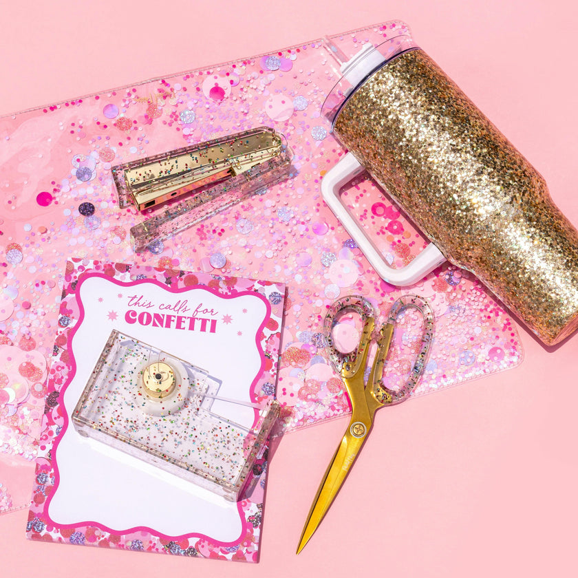 Packed Party Work Party Confetti Multi-Use Desk Mat - 13x18 Inch Clear Vinyl Pink Confetti Desk Mat with Gold Foil Detail for Desks and Keyboards