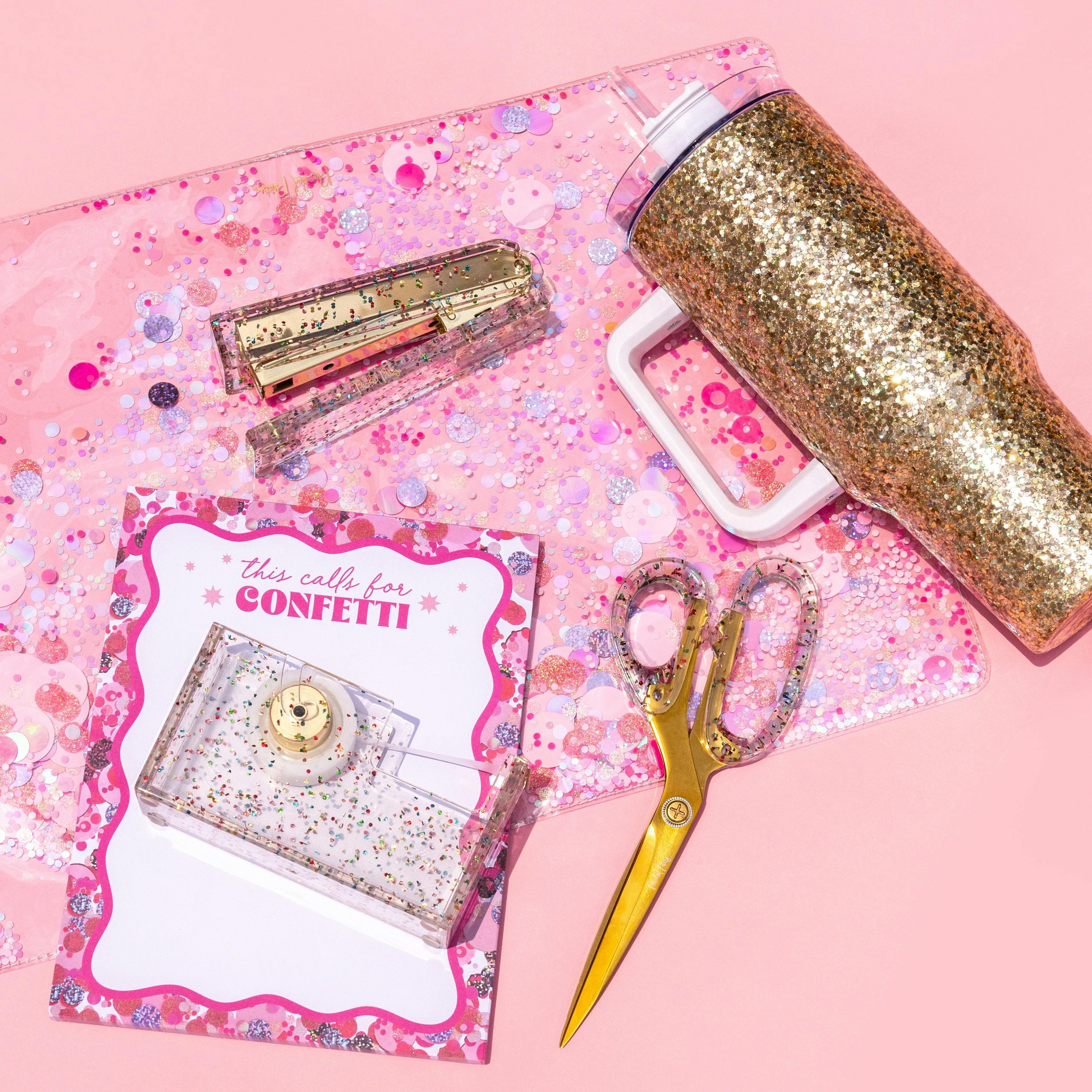 Packed Party Work Party Confetti Multi-Use Desk Mat - 13x18 Inch Clear Vinyl Pink Confetti Desk Mat with Gold Foil Detail for Desks and Keyboards