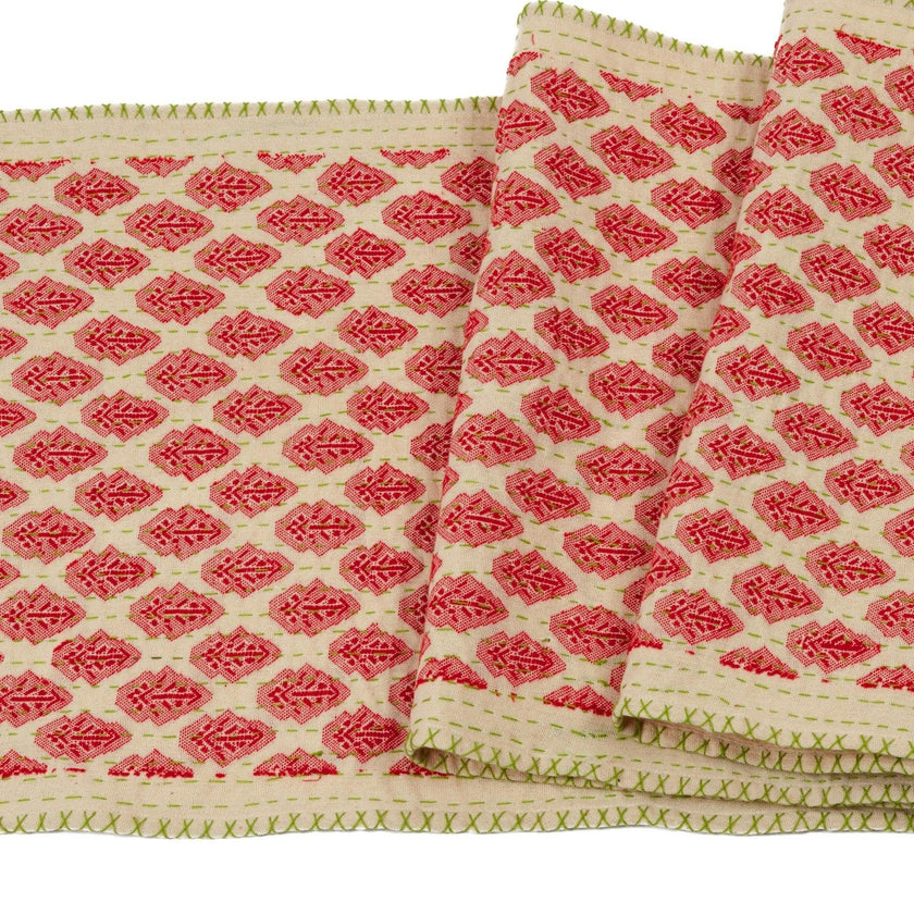 Artisan Hand Loomed Cotton Table Runner - Red Green Stitching - 18"x96" Arcadia Home