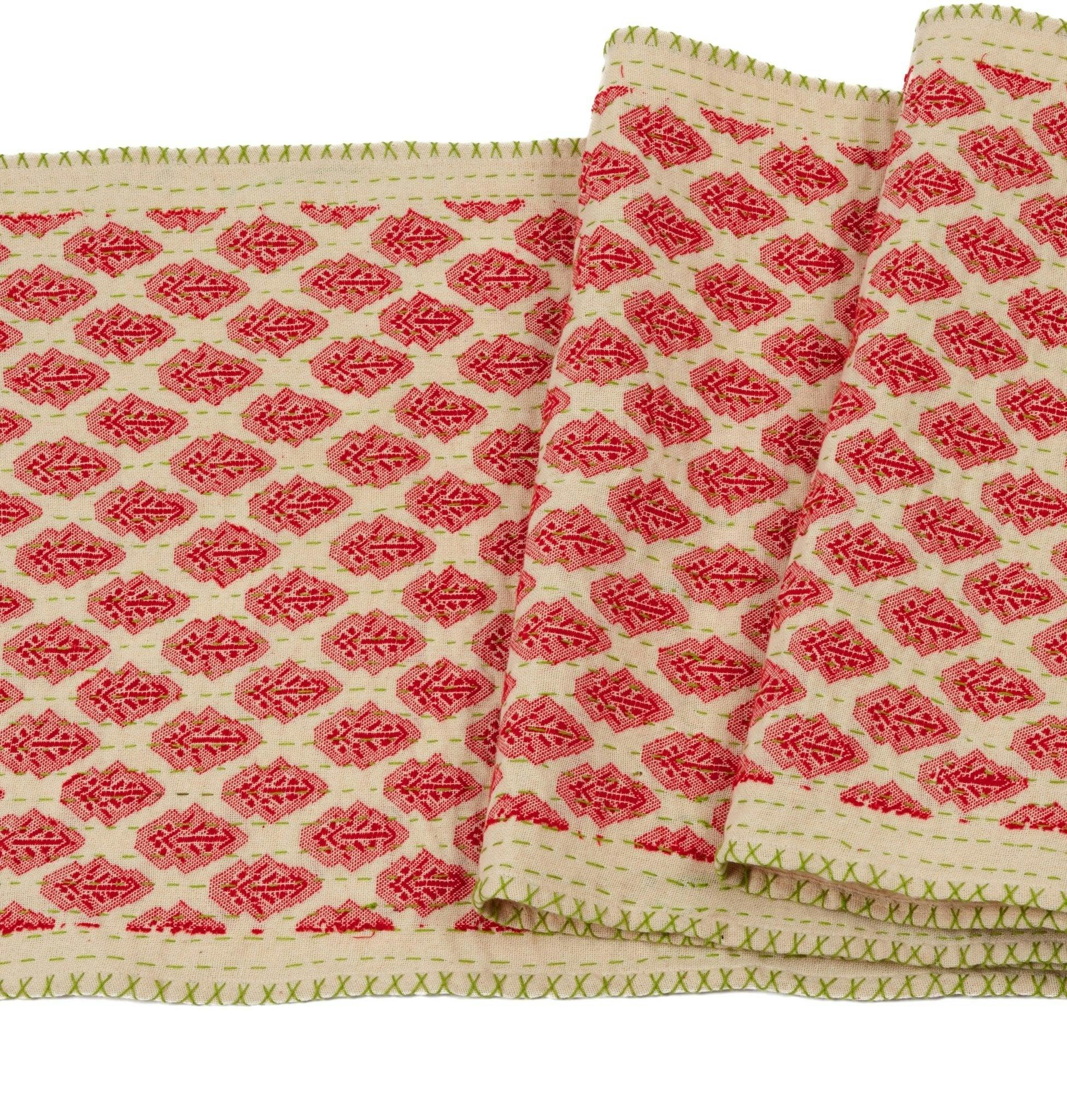 Artisan Hand Loomed Cotton Table Runner - Red Green Stitching - 18