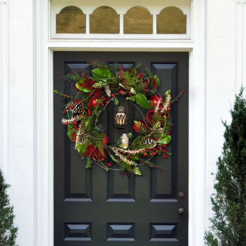 Faux 30 Inch Myrtle Led Wreath with Red Bells