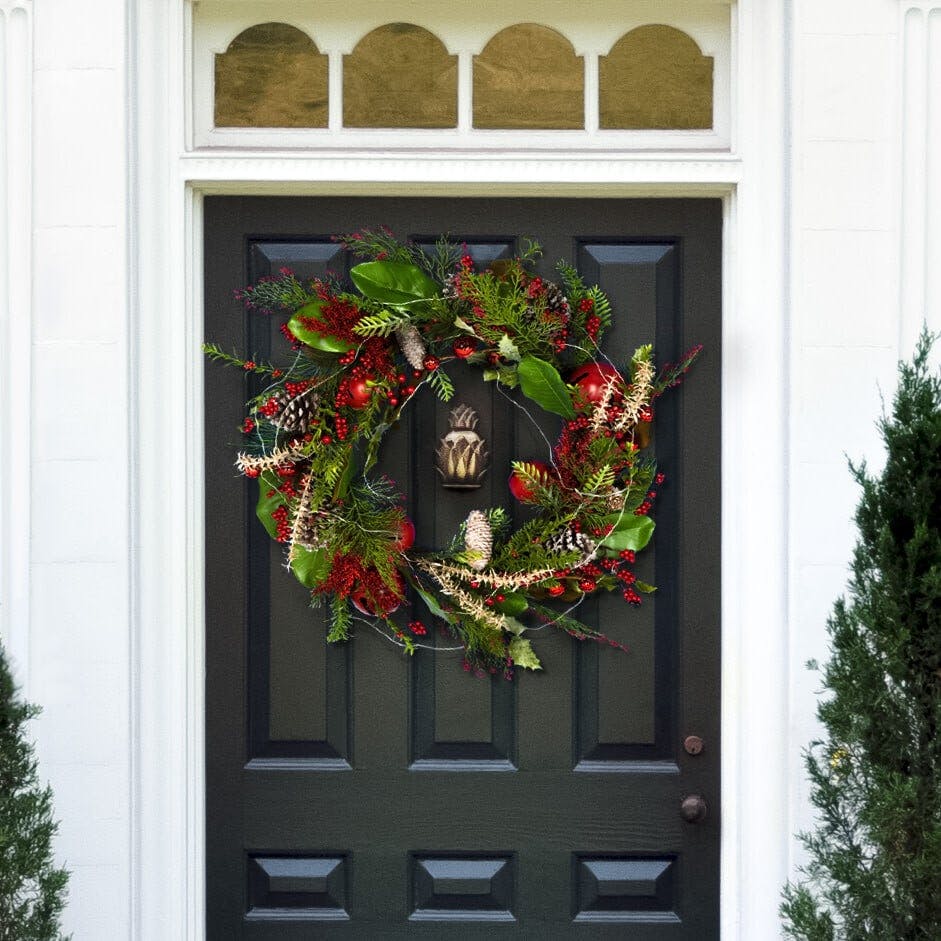 Faux 30 Inch Myrtle Led Wreath with Red Bells