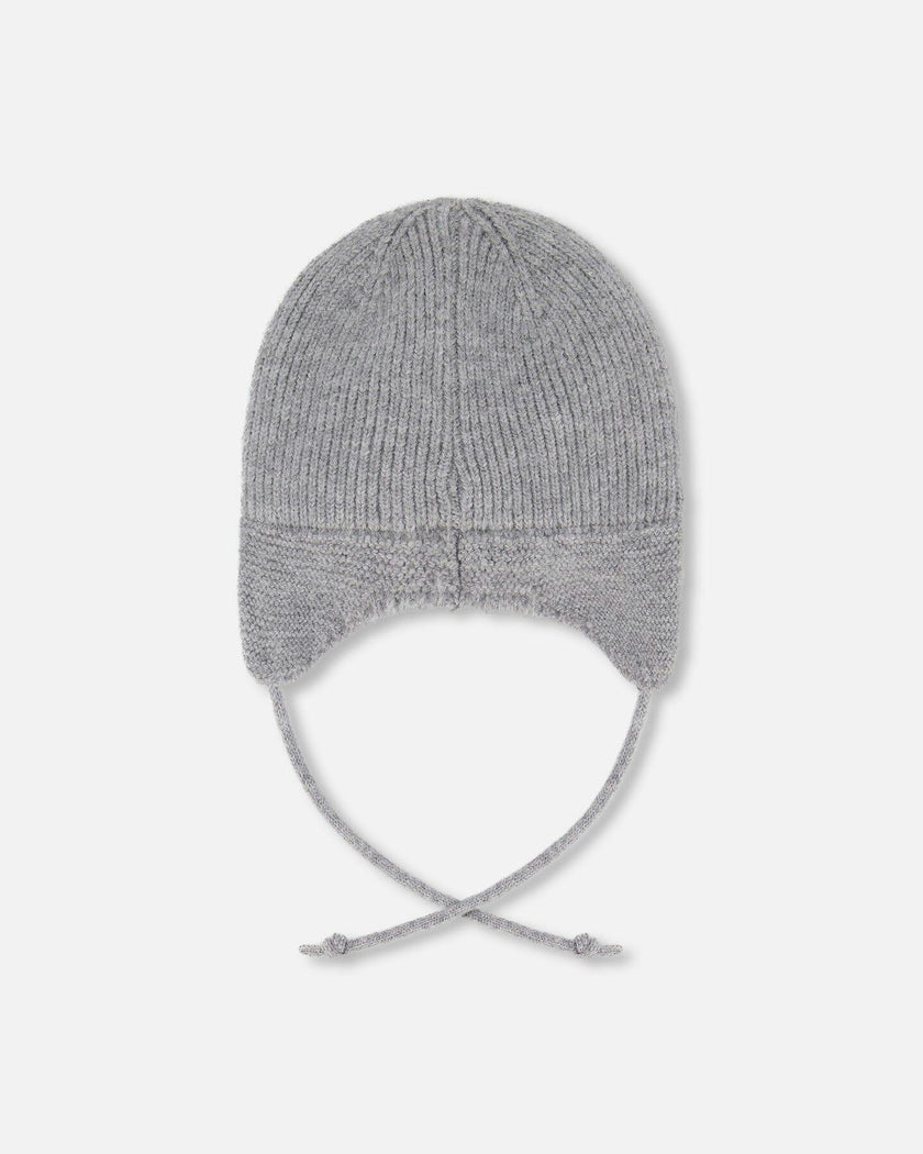 Lined Baby Knit Hat With Ears And Strings Heather Gray