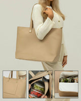 Vegan Leather Work Tote Bag with Removable Insulated Pouch, Cream